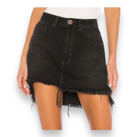 One x One Teaspoon Vanguard Raw Hem Distressed Denim Skirt In Raven Women's 30 - Picture 1 of 11